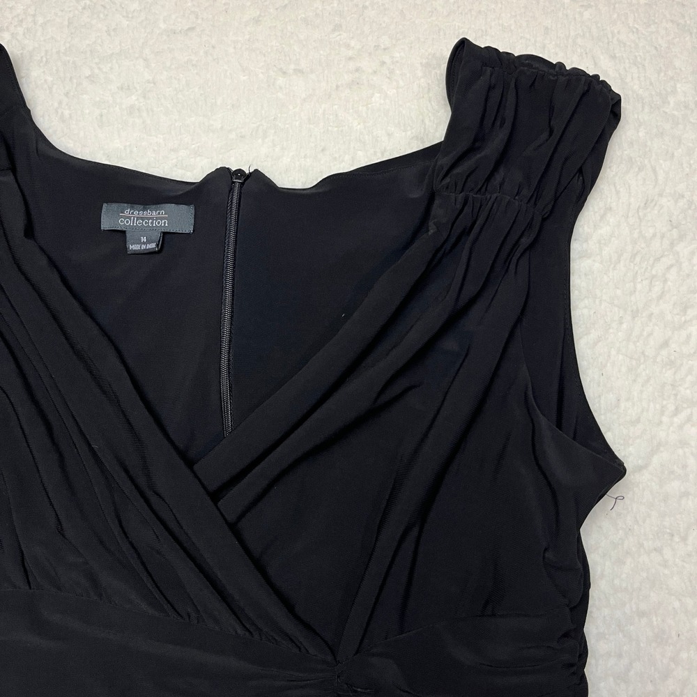 Dressbarn Dress Womens 14 Black Collection Sleeveless Ruched Drape V-Neck Midi